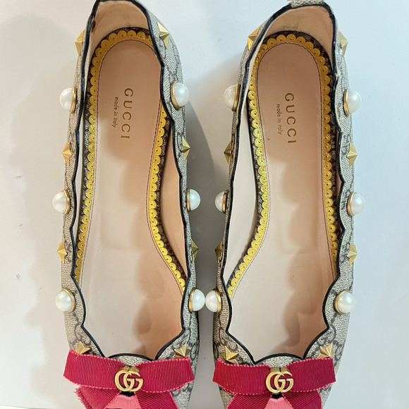 Gucci GG Monogram Lexi Supreme Pearl Lips Stars Bow Brown Ballet Flats SZ EU 39 - Picture 11 of 16